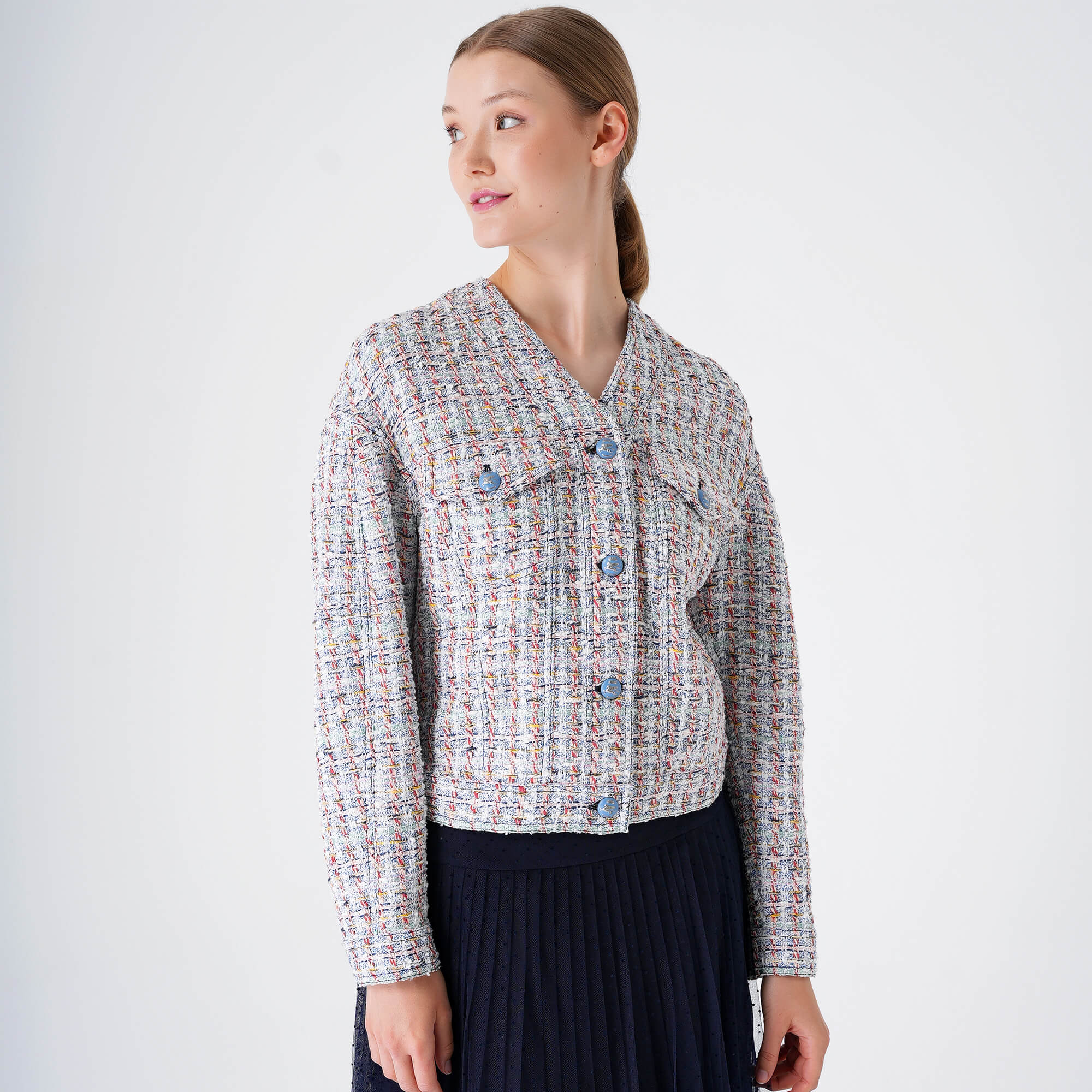 Etro - White & Blue Tweet Icon Button Jacket